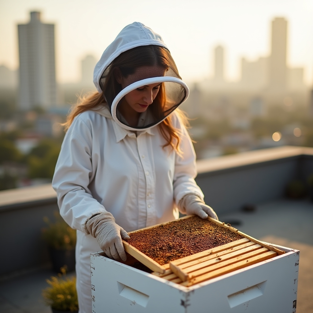 Apicultor inspeccionando colmena en azotea urbana