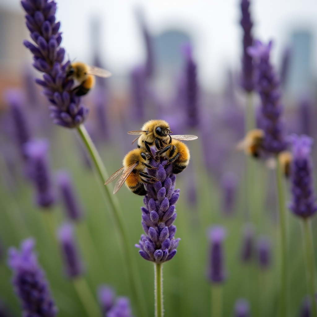 Abejas recolectando néctar en lavanda de jardín urbano