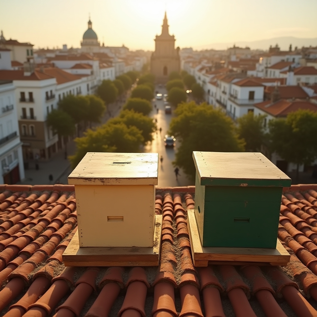 Colmenas en azotea con panorámica urbana de fondo