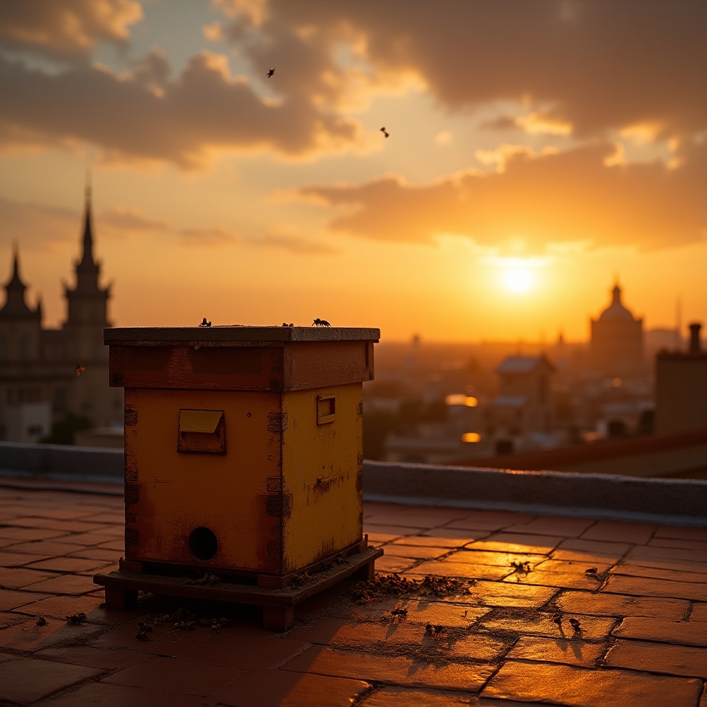 Colmena en azotea de Sevilla al atardecer